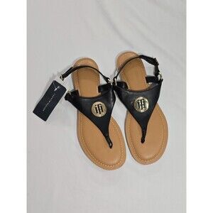 Tommy Hilfiger Black Logo T-Strap Buckle Thong Sandals Women’s Size 10 M NEW